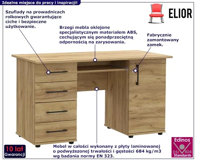 Komputerowe Duże Biurko Proste Na Kluczyk Dąb Craft B1-L98