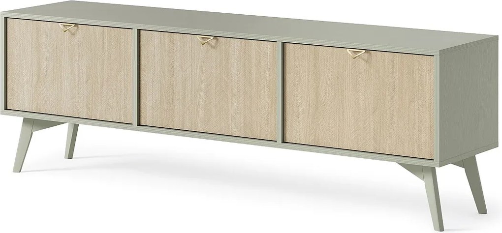 Szafka RTV: jodełka eukaliptusowa / jodełka skandynawska, nogi drewniane, 158 x 52 x 38 cm