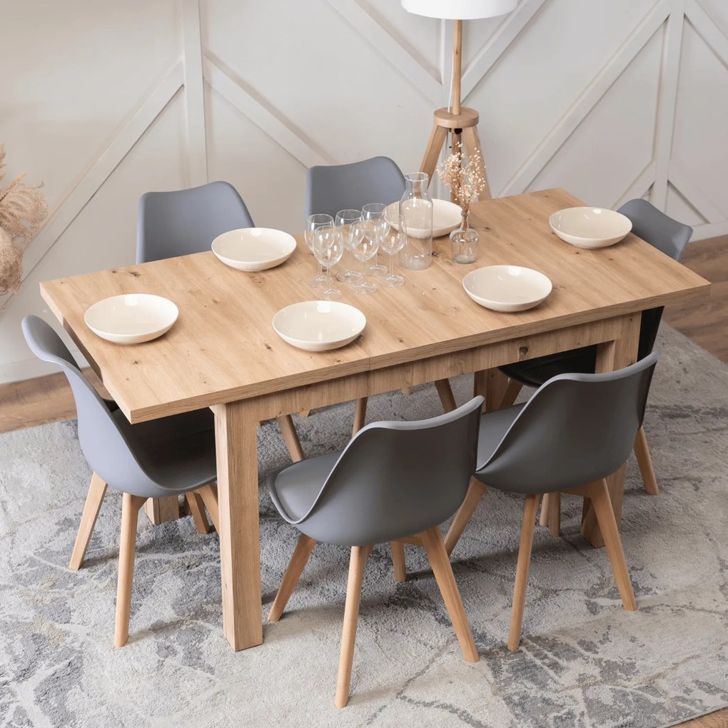 Zestaw Stół Prostokątny SKUBI Rozkładany 120-160 cm Dąb Artisan i 6 Krzeseł SCANDI Szare/Dąb