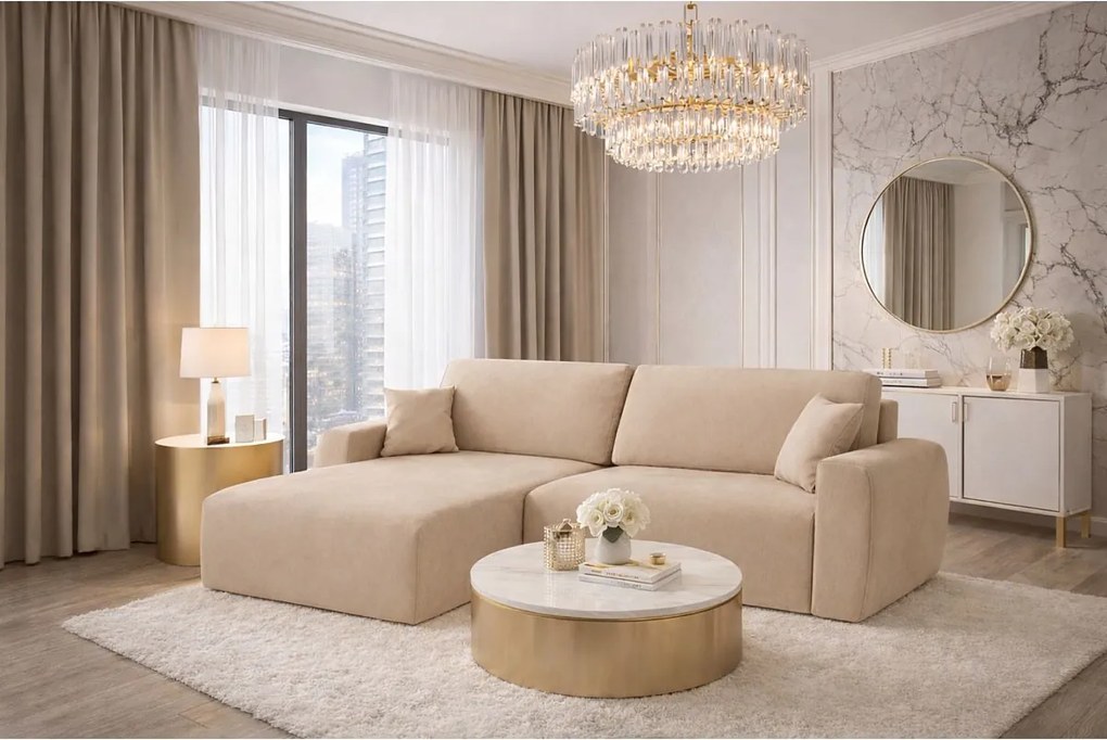 Narożnik z funkcją spania i pojemnikiem Ariel XL, tkanina welurowa Salvador, Beżowy, Lewy