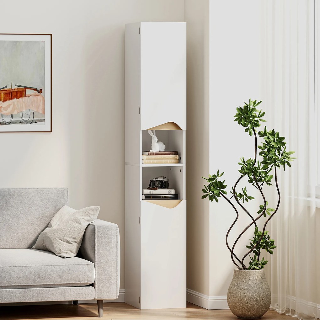 HOMCOM Szafka łazienkowa wąska wysoka szafa z 2 drzwiami, 2 otwartymi półkami, do łazienki 30 x 34,6 x 182 cm Biały | Aosom PL