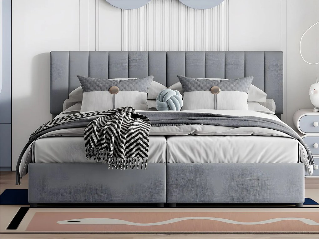 Łóżko z tapicerowanym zagłówkiem z lnu - 180x200cm - przekształcane w 2 pojedyncze łóżka - Szary