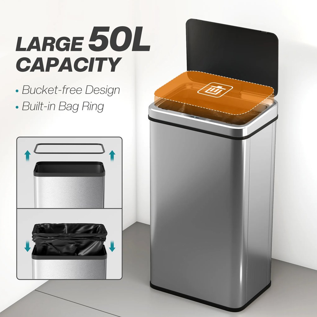 HOMCOM Kosz na śmieci z czujnikiem 50L Stal nierdzewna Automatyczny kosz z miękkim zamykaniem pokrywy Czujnik ruchu 35,5 x 26 x 67 cm Srebrny | Aosom PL