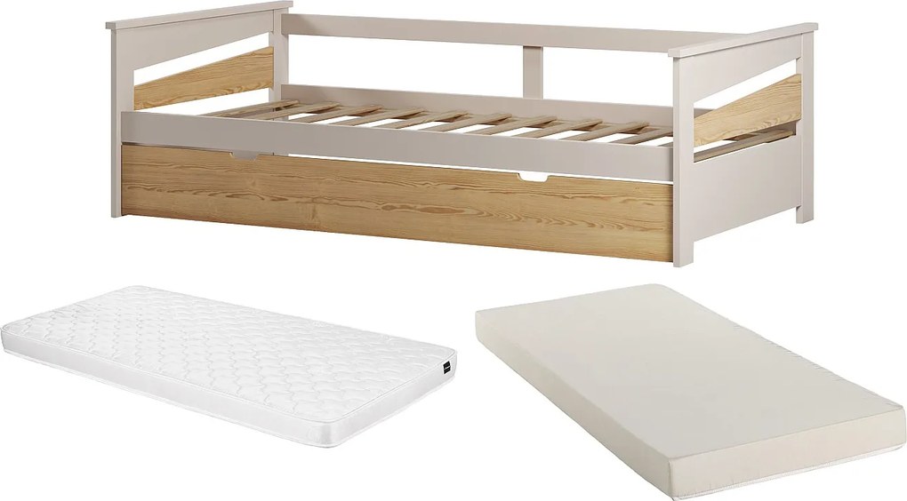 Łóżko wysuwane 2 x 90 x 190 cm - MDF - Naturalny i beżowy + Materac - LURAVO