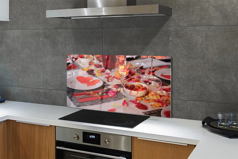 Panel szklany do Kuchni Romantyczna Kolacja z Sercami i Różami