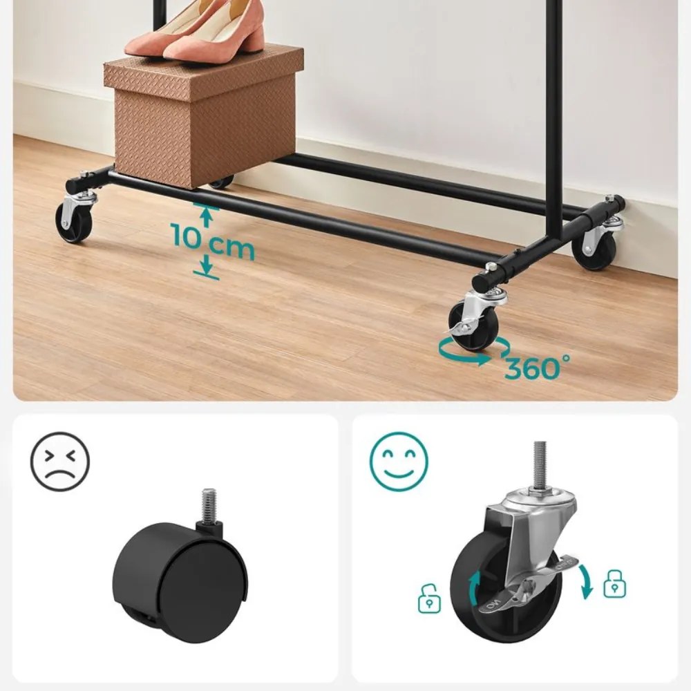 SongmicsHome Stojak na ubrania INEZ na kółkach, maks. 90kg, 83,5x45x160cm, czarna