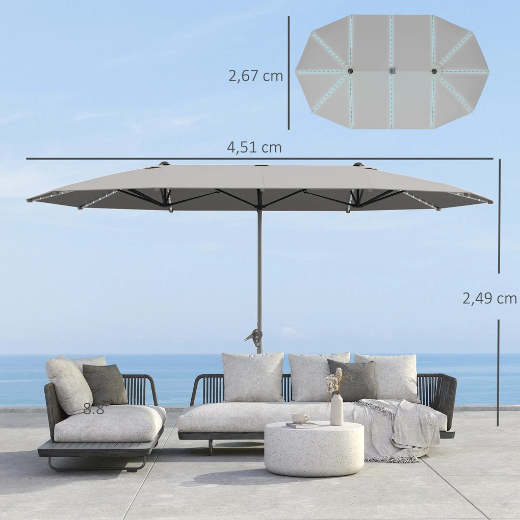 Outsunny Podwójny Parasol z Oświetleniem Solarnym, Aluminium, Poliester, Ochrona UPF50+, Odporność na UV, Parasol Tarasowy, Ciemnoszary