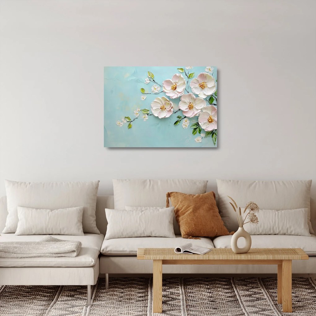 Obraz na szkle - Kwiatki na niebieskim tle (70x50 cm)