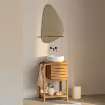 Zestaw Mebli Łazienkowych Z Drewna Tekowego Bradley Okrągły Ceramiczny Biały Ø40 Cm Lenka & Czarny Matowy Model Do Zabudowy Z Zaworem Spustowym Bez Pr