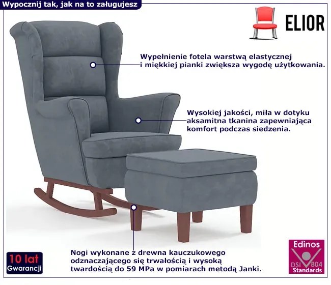 Ciemnoszary fotel bujany uszak z podnóżkiem H5-T38