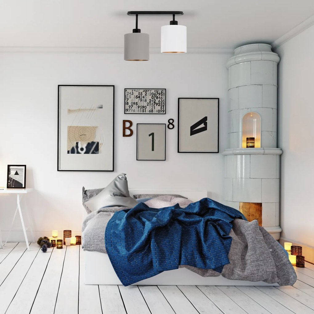 Lampa sufitowa czarna dwupunktowy spot z szaro-białymi abażurami C-330