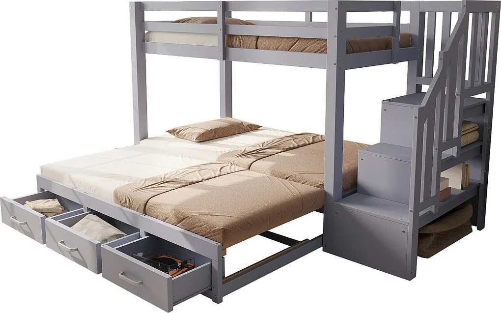 Łóżko piętrowe dziecięce 90 x 200 cm - z drabiną z pojemnikami - z 3 szufladami - z łóżkiem chowanym - szary​ (materac nie jest wliczony w cenę)