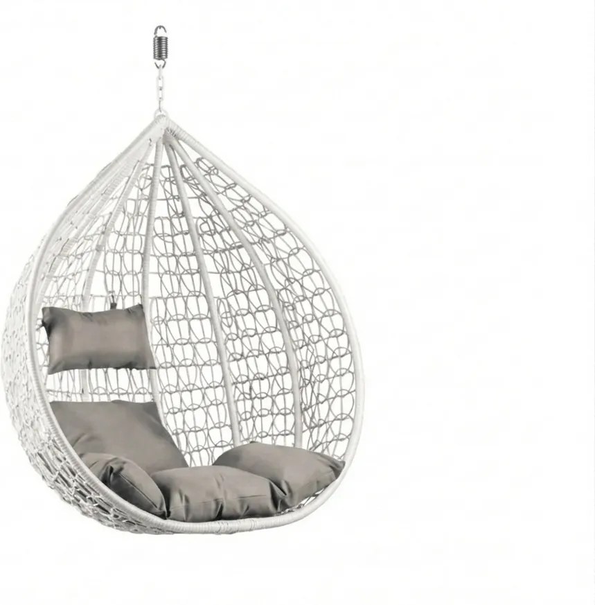 Białe wiszące krzesło KOKON bez stojaka, jasna poduszka