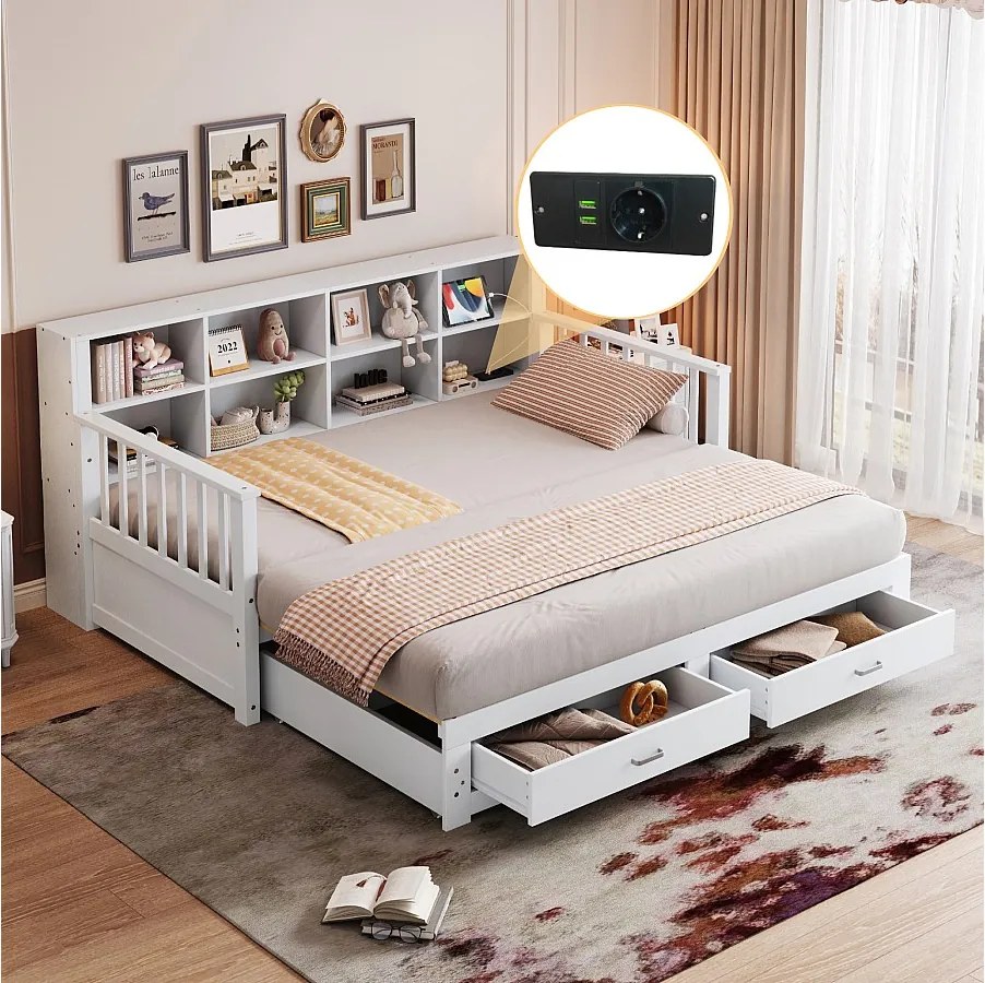 Sofa rozkładana - 90/180 x 190 cm - 2 szuflady + schowek - drewno sosnowe + sklejka + MDF - biała