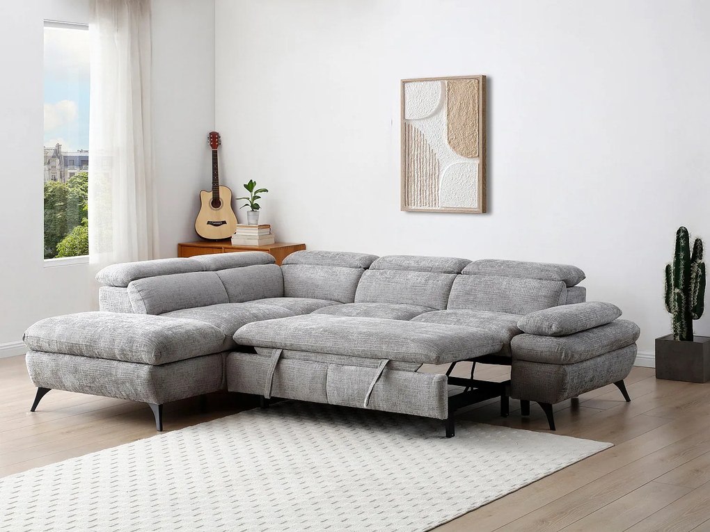 Kanapa narożna lewostronna rozkładana z szarą teksturowaną tapicerką z oparciem typu szezląg - SURDELI