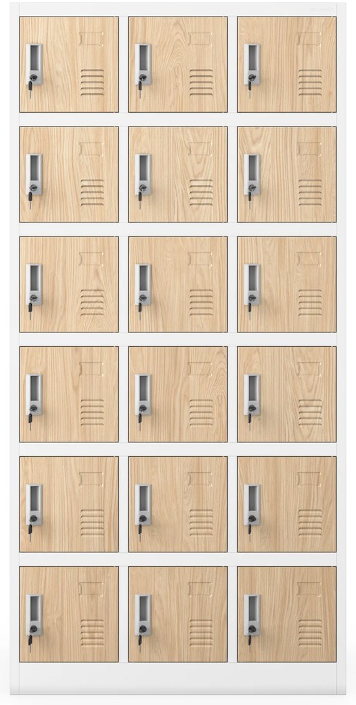 Szafka pracownicza skrytkowa 18-skrytkowa biała/dąb sonoma, 900x1850x400 mm: KAROL Eco Design