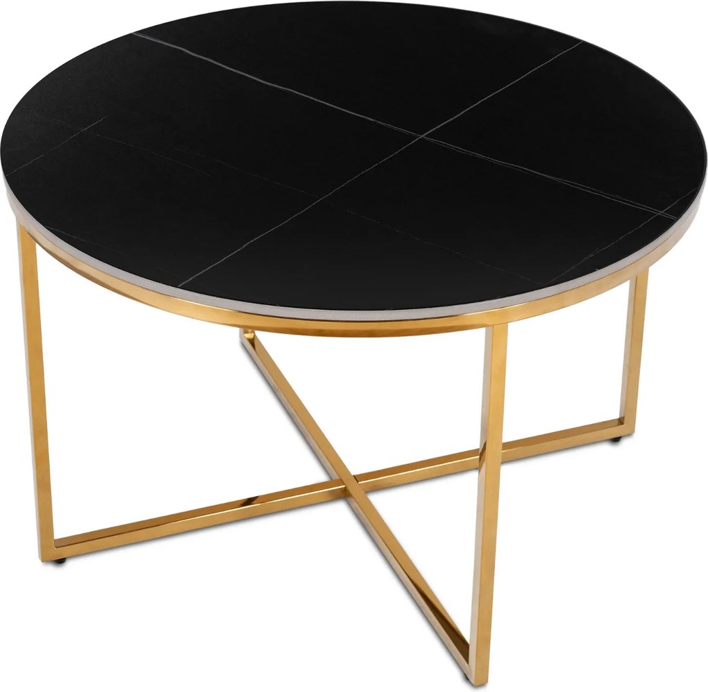 Stolik Kawowy Ceramiczny MARINE 80 cm Czarny Marmur Mat/Złoty Nowoczesny Glamour