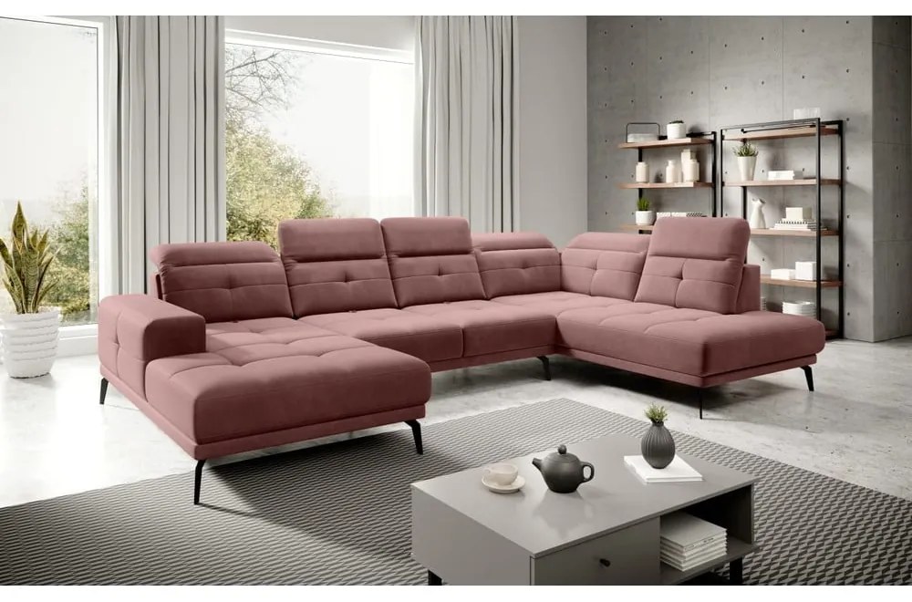 Różowy aksamitny narożnik (prawostronny/w kształcie litery U) Bretan – ELTAP