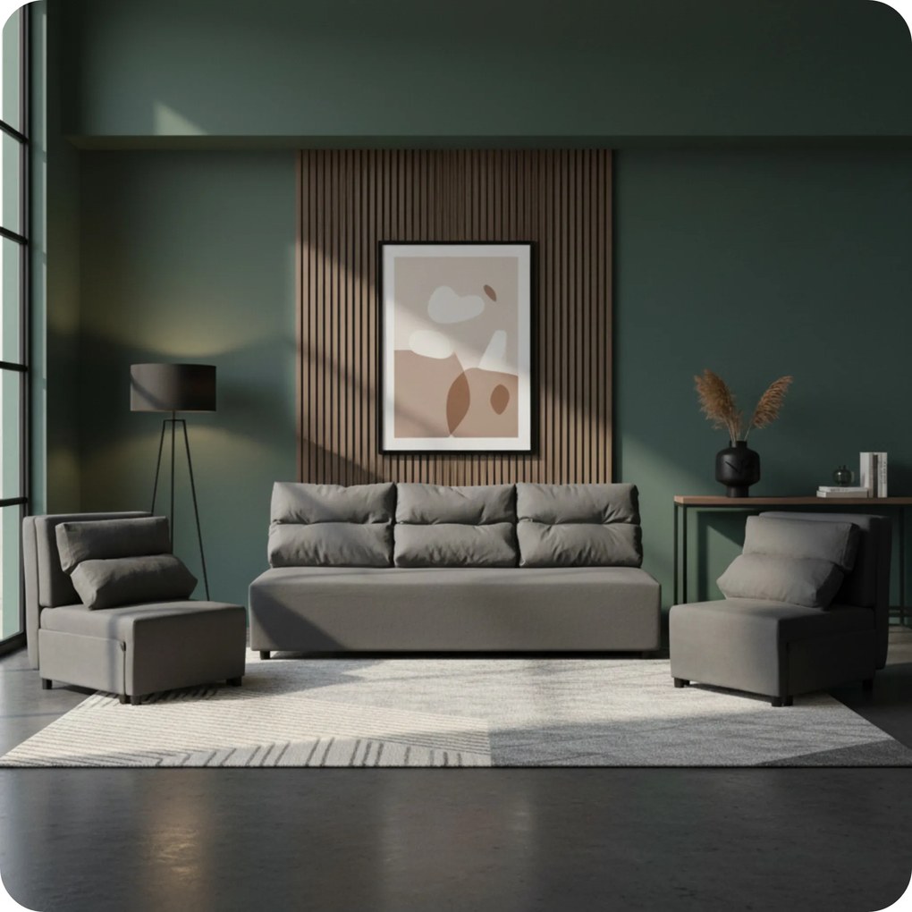 Zestaw KIMO funkcja spania sofa fotele Family Meble c. szary Hunter welur