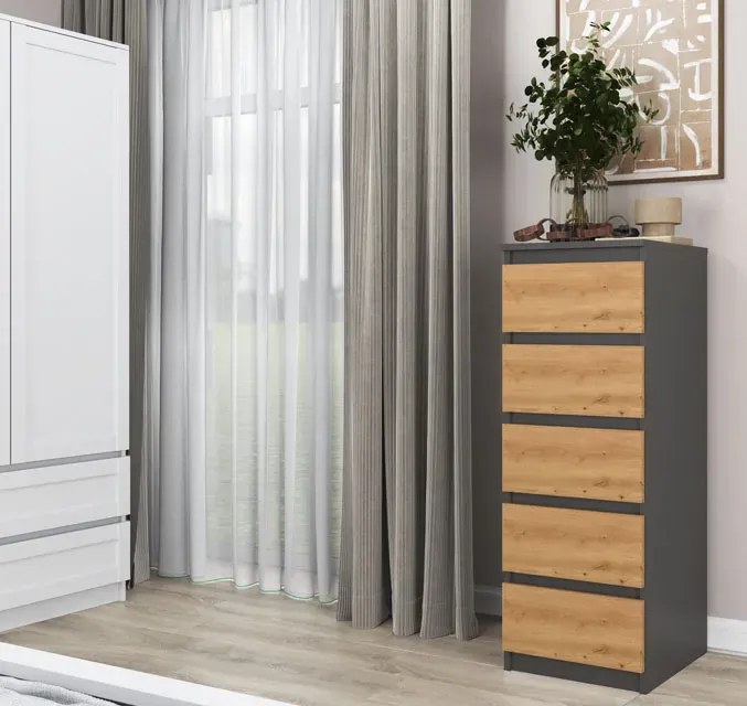 Nowoczesna wąska komoda z 5 szufladami dąb artisan + antracyt - Tamcha
