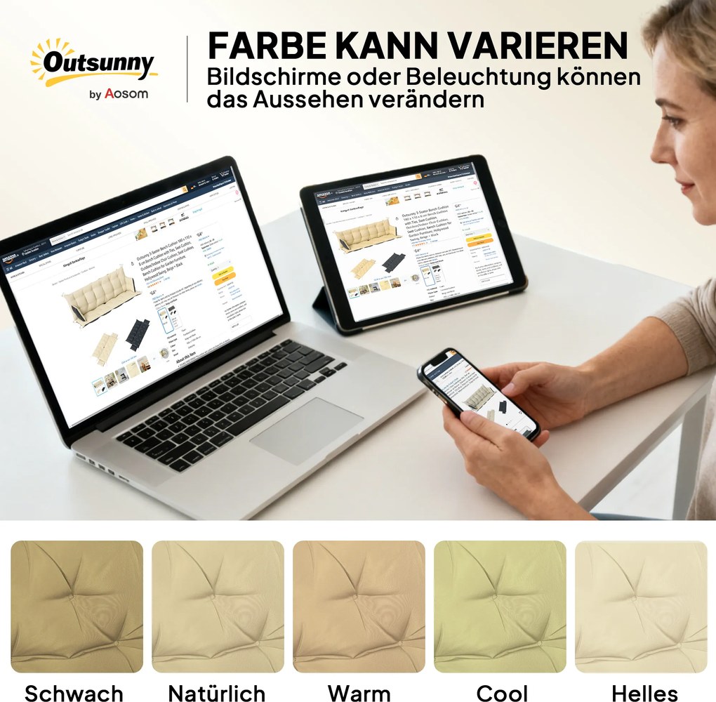 Outsunny Zestaw poduszek zewnętrznych na ławkę lub huśtawkę ogrodową, dwukolorowy, Poliester, Pianka, 180 x 110 x 8 cm, Beż+Czarny