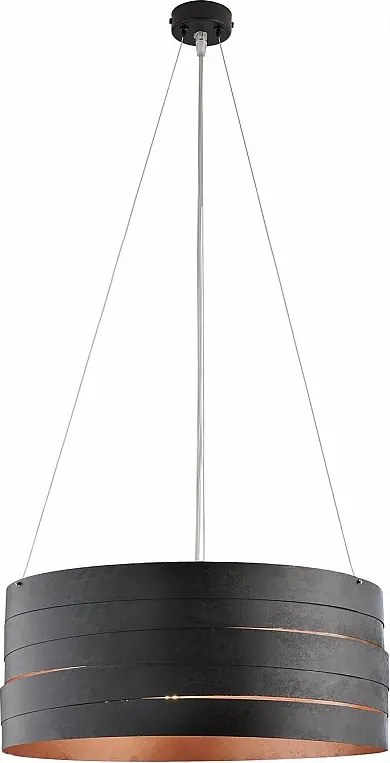 Mambo – lampa wisząca z czarnego lakierowanego żelaza, dekor czarny na zewnątrz i antyczna miedź wewnątrz, regulowane linki stalowe, 3 światła