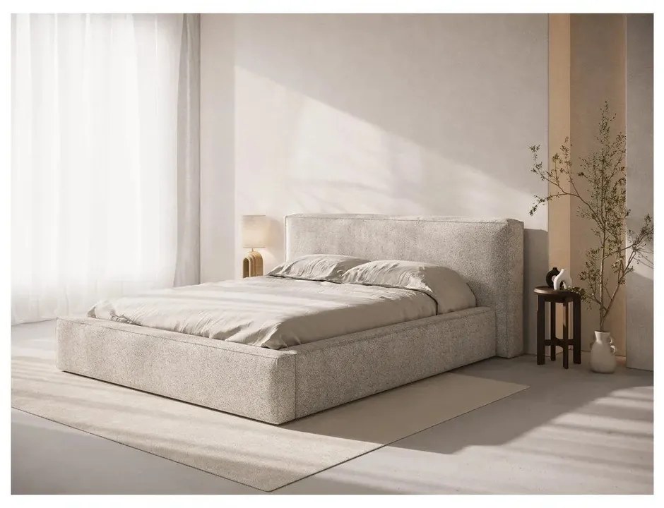 Beżowe tapicerowane łóżko dwuosobowe ze schowkiem ze stelażem 140x200 cm Simon Olivia – Micadoni