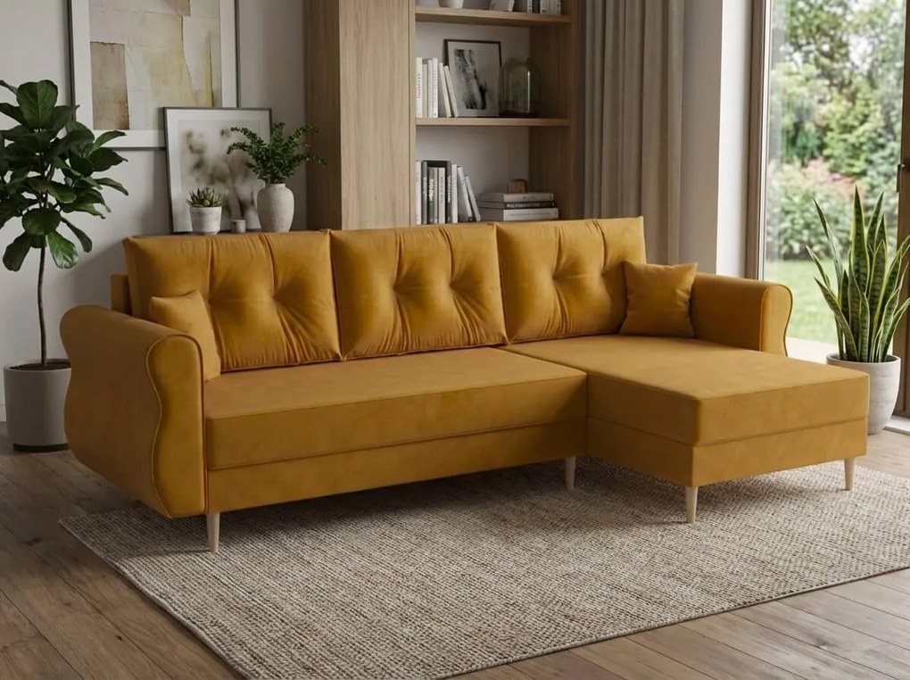 Rozkładana narożna sofa SILVIANO 230x140 cm, musztardowa, uniwersalna