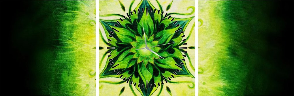 Obraz - Kwiatowa mandala na zielonym tle (z zegarem) (90x30 cm)