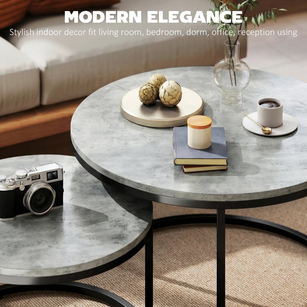 HOMCOM Nowoczesny zestaw stolików kawowych 2 szt., nakładane stoliki z metalowym stelażem do salonu, sypialni, biura, Szary | Aosom PL