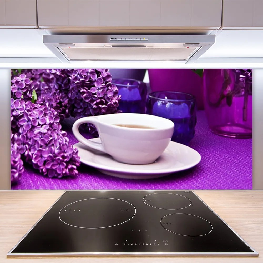 Panel Szklany do Kuchni Poranna Kawa Wśród Kwiatów