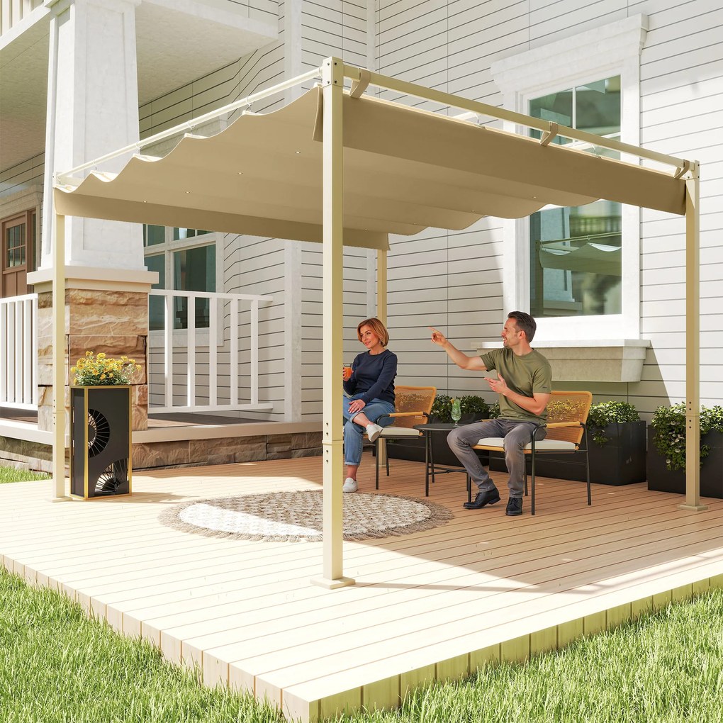 Outsunny Pergola ogrodowa 3 x 3 m z chowanym dachem, pawilon, daszek przeciwsłoneczny, UPF30+, Khaki | Aosom PL