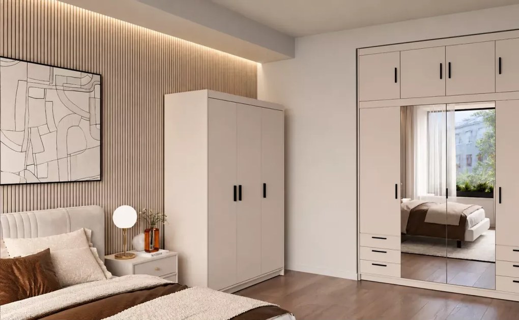 Szafa Ele 3 beż piaskowy 133 cm - trzydrzwiowa z półkami i drążkiem na ubrania