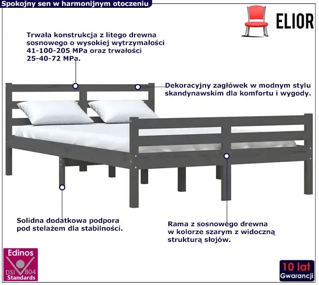 Szare sosnowe łóżko z zagłówkiem 120x200 Tippo