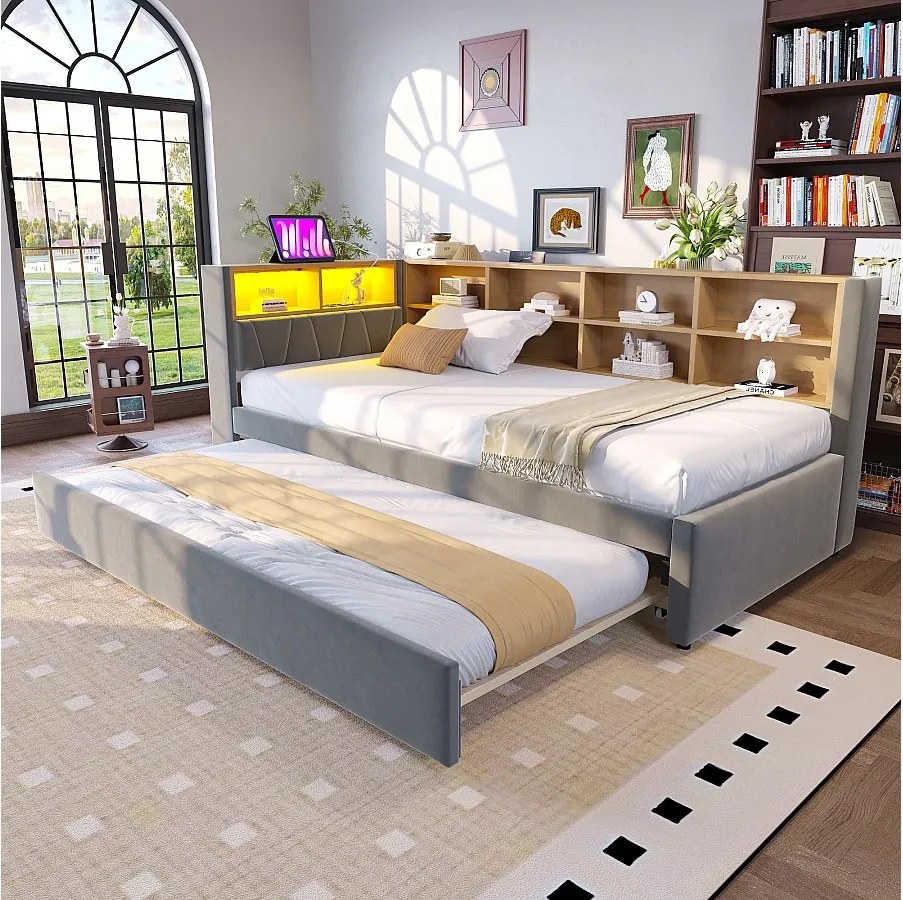 Sofa rozkładana 90 x 200 cm z łóżkiem wysuwanym 90 x 190 cm - z diodami LED + gniazdkami + półką - Flanela - szara