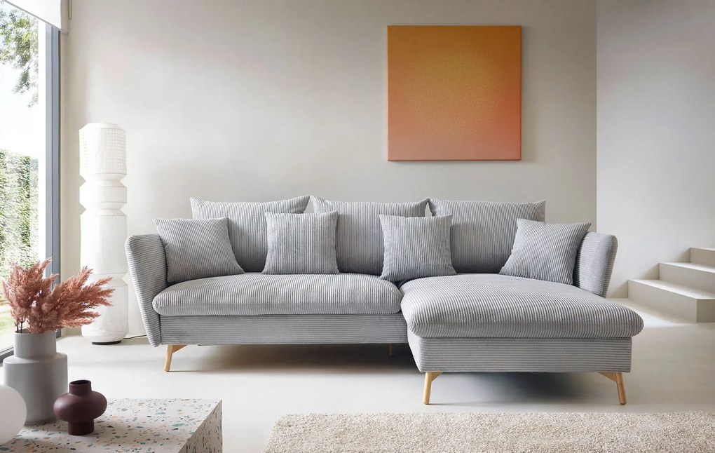 Popielata sztruksowa kanapa narożna z pojemnikiem H9-L51