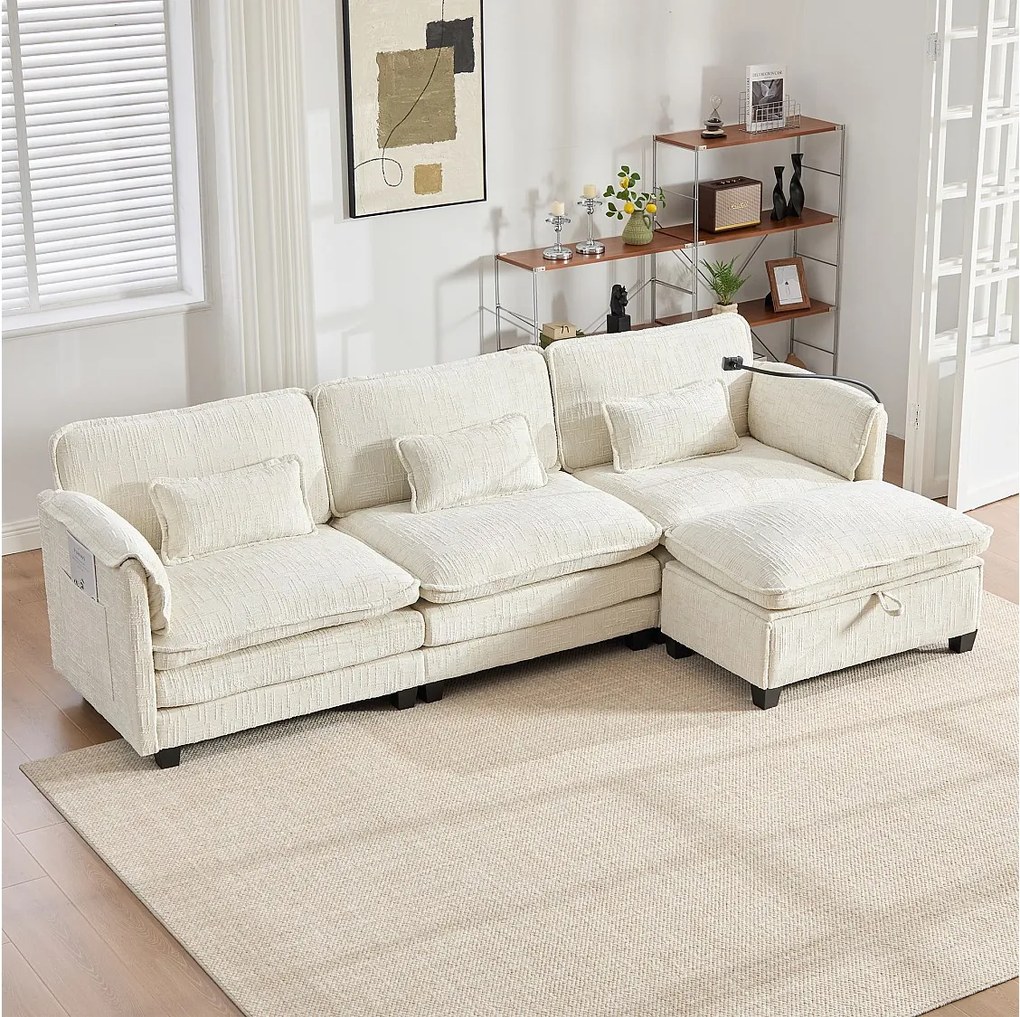 Sofa 3-osobowa z pufem - Narożnik z uchwytem na telefon i kieszeniami bocznymi - beżowy szenil