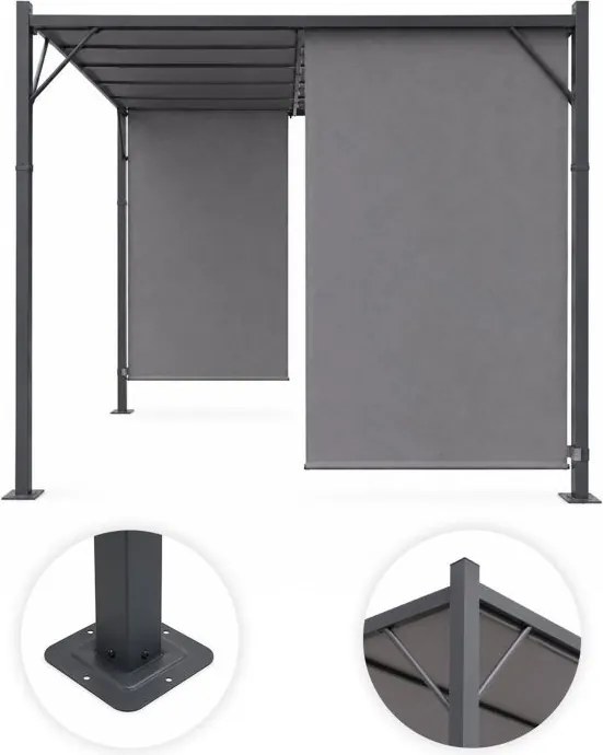Szara pergola ogrodowa FG-362 z regulowanym zadaszeniem i roletami bocznymi