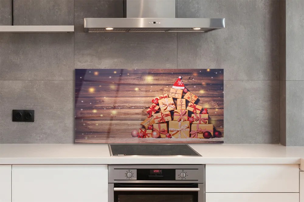 Panel szklany do Kuchni Świąteczne Prezenty na Drewnie