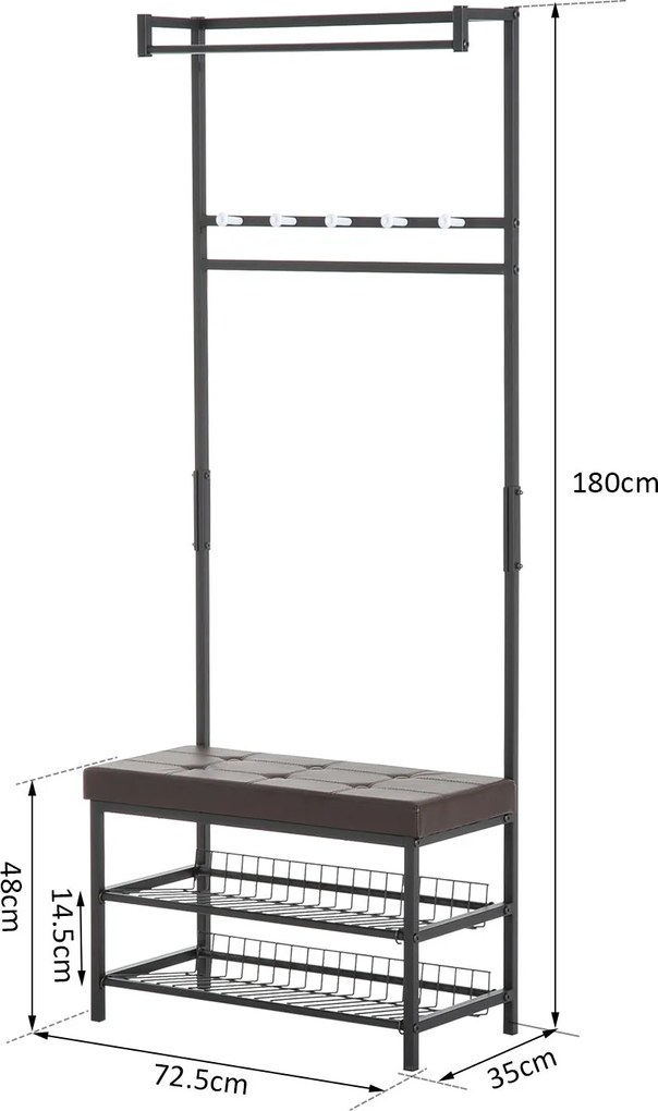Wieszak HOMCOM na płaszcze i buty z siedziskiem Metalowy design 725x35x180cm Praktyczny i stylowy | Aosom PL