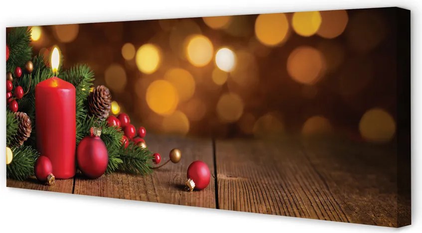 Obraz na płótnie Świeca, Gałązki i Bombki na Desce