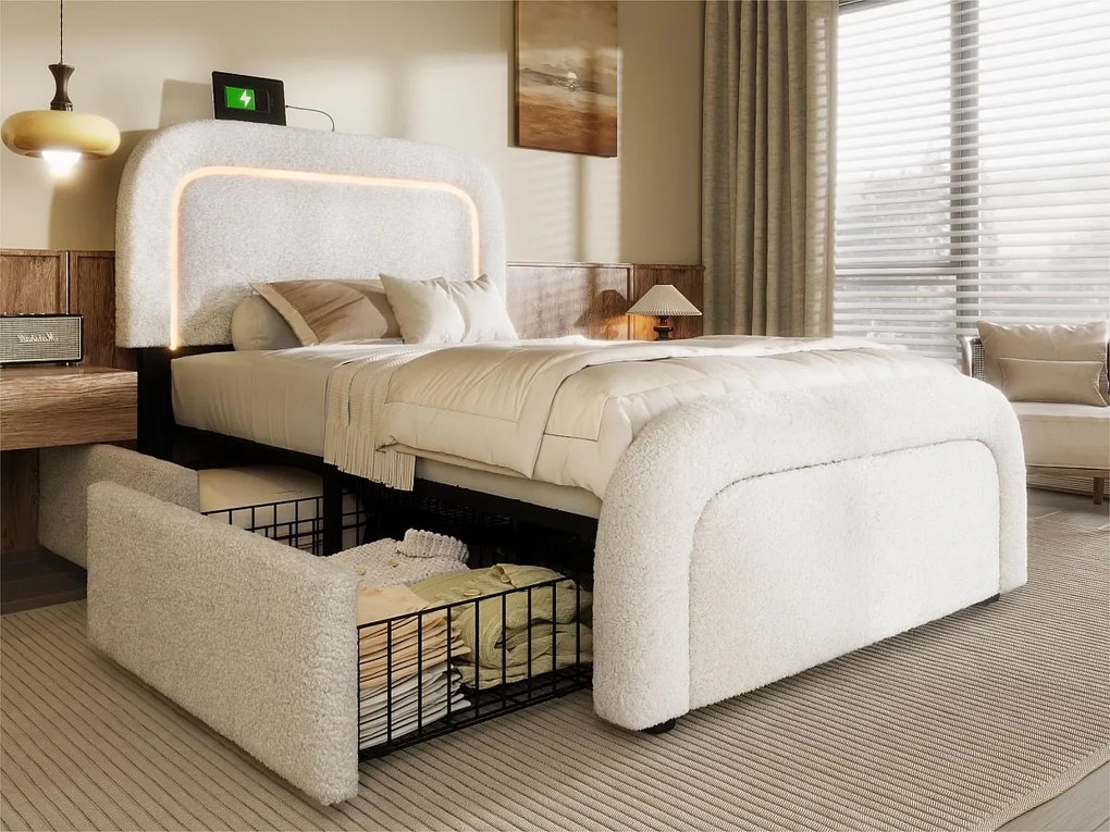 Łóżko proste tapicerowane w sherpa z 4 szufladami - 90x200cm - z LED i portami ładowania - Białe