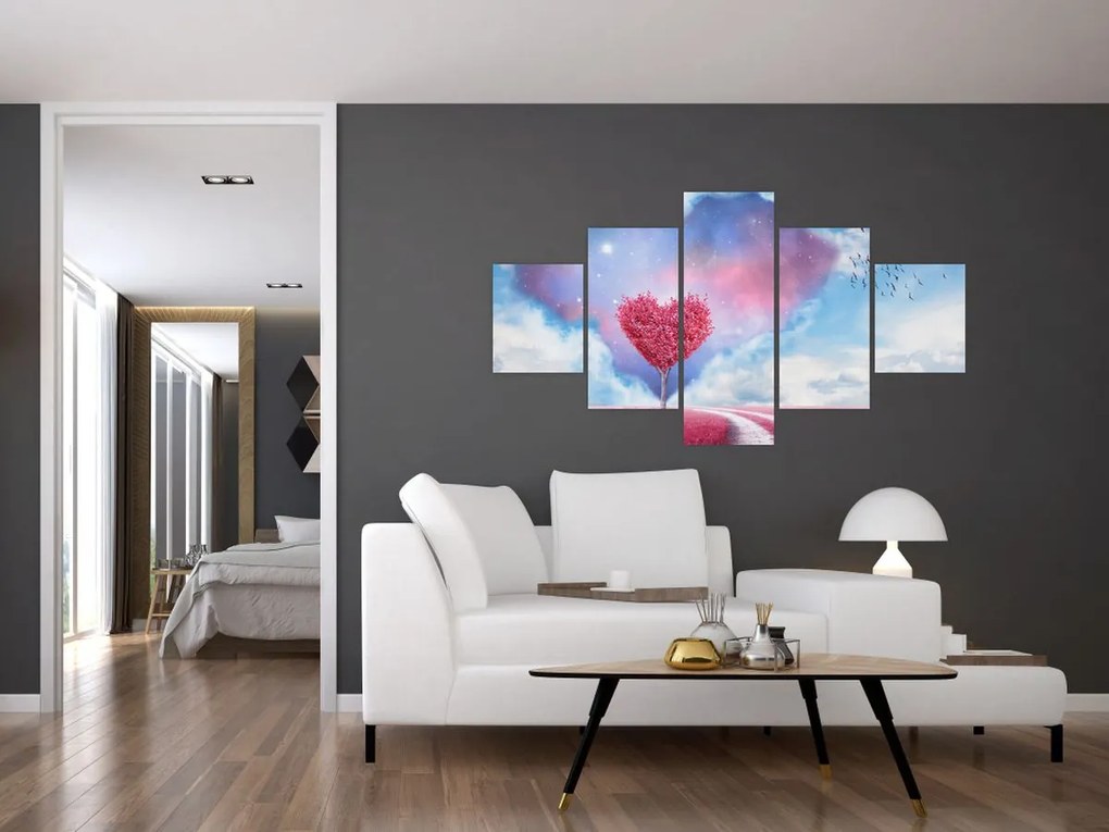 Obraz - Drzewo z różowym sercem (125x70 cm)