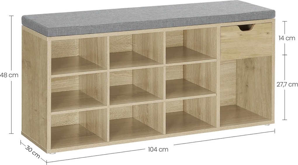 Szafka na buty z siedziskiem 104 cm Faro 024, z szufladą i półkami, dąb artisan