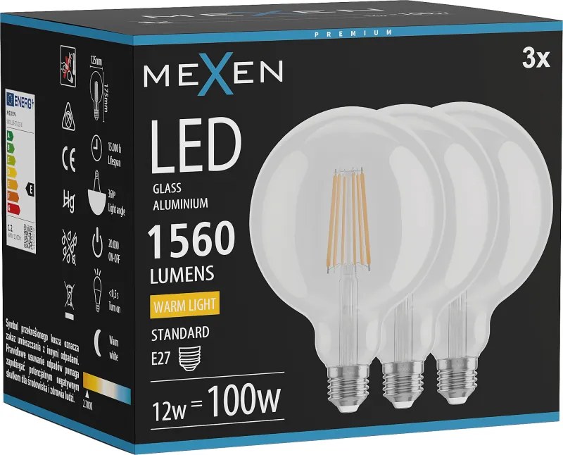 Mexen Vintis 3x żarówka filament LED E27, G125, 12W, Ciepła - 2700K, 1560 lm, clear - L158-E27-1227-00x03