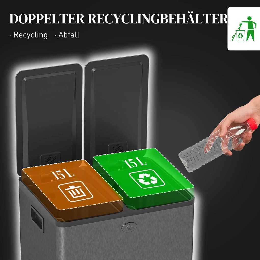 HOMCOM Podwójny kosz 2 x 15 l z pedałem — stal nierdzewna, łatwy w czyszczeniu, czarny