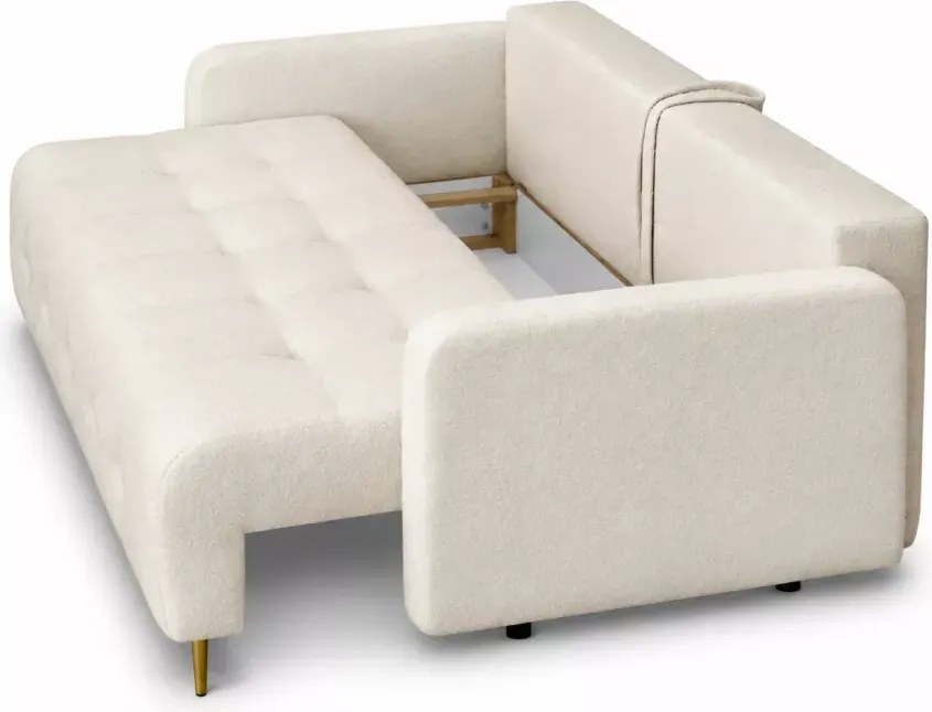 Nowoczesna sofa Elivo z funkcją spania i pojemnikiem na pościel w kolorze beżowym