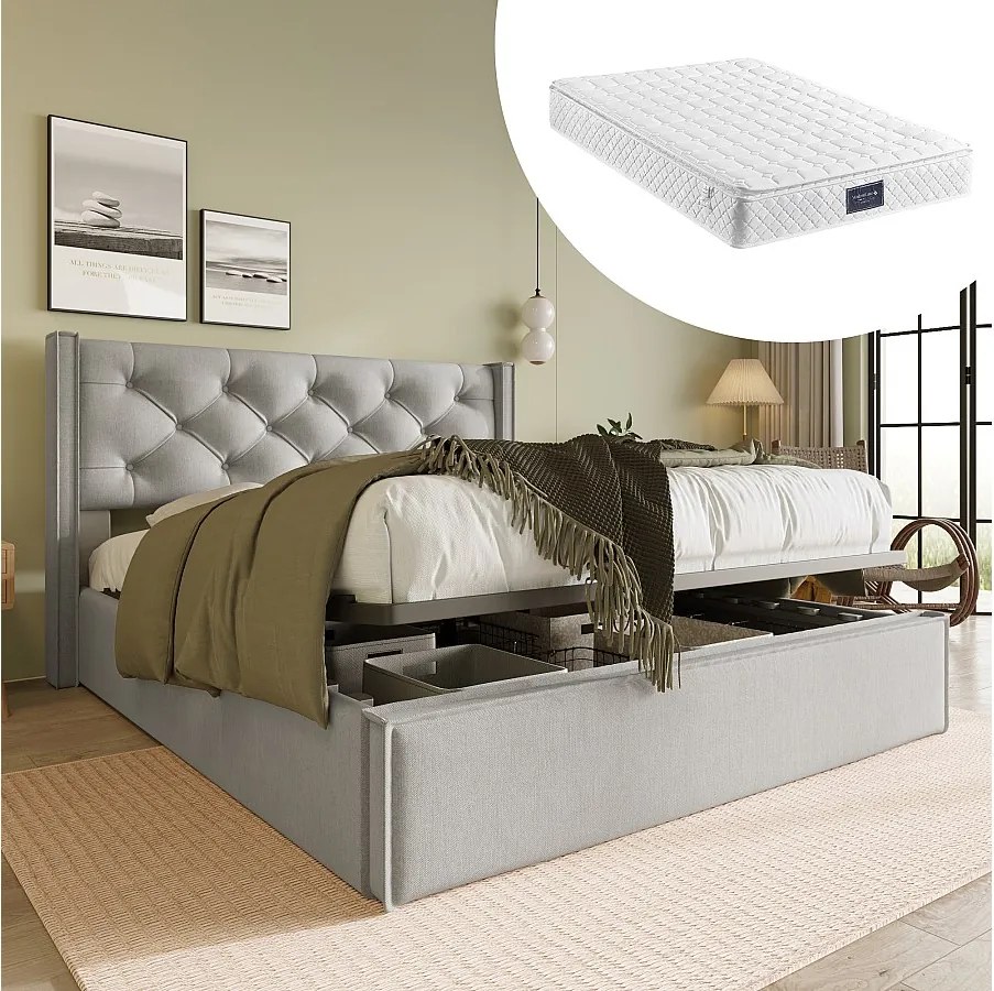 Łóżko z pojemnikiem 140x200 cm - Łóżko dla dorosłych z tapicerowanym zagłówkiem - beżowa bawełna - materac w zestawie