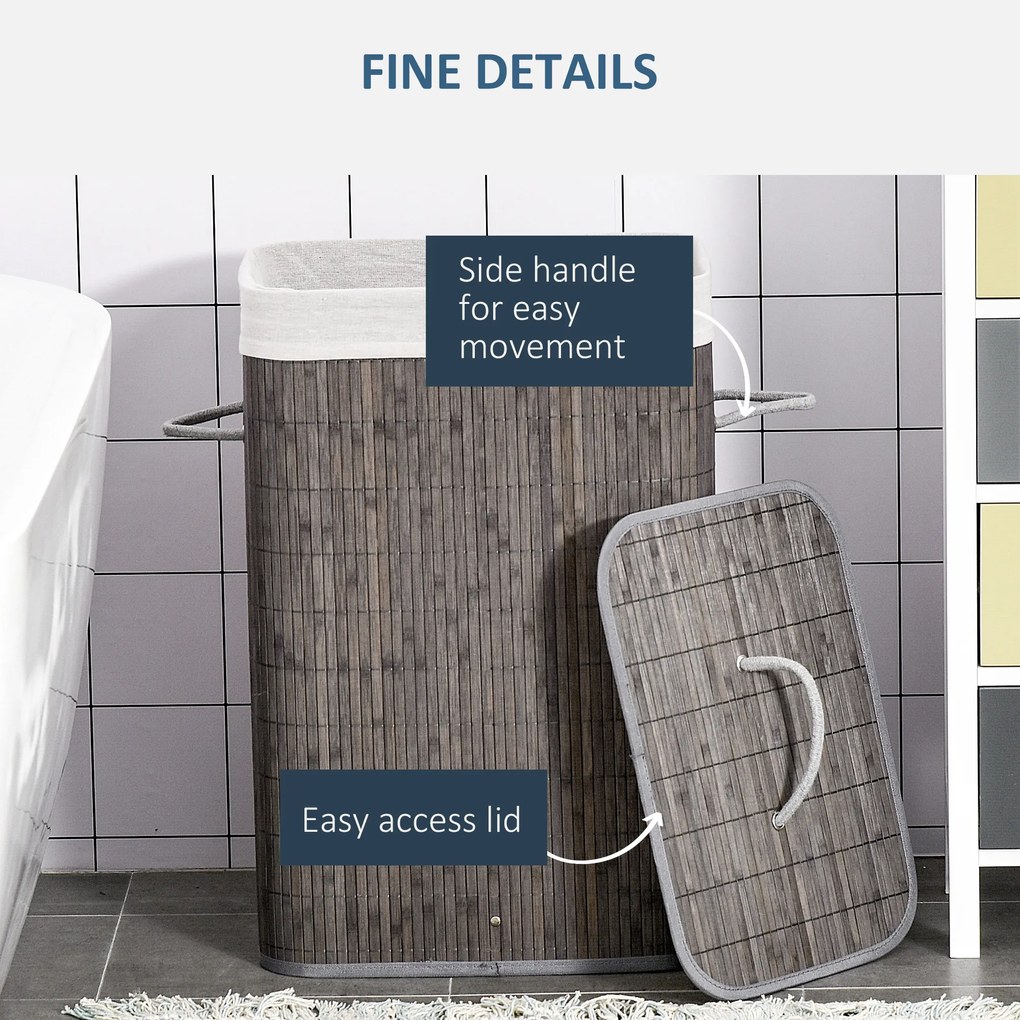 HOMCOM Kosz na bieliznę z uchwytami i pralnym workiem, Rattan, Poliester, Bawełna, Metal, 43L x 32S x 61W cm, Szary