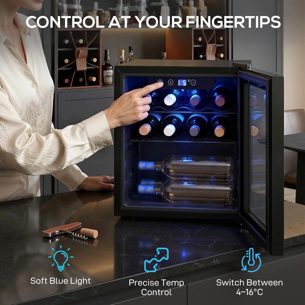 HOMCOM Chłodziarka na 12 butelek, 36 litrów, Zakres Temperatur 4-16°C, Mała Lodówka na Napoje i Piwo z Szklanymi Drzwiami i Oświetleniem LED | Aosom PL